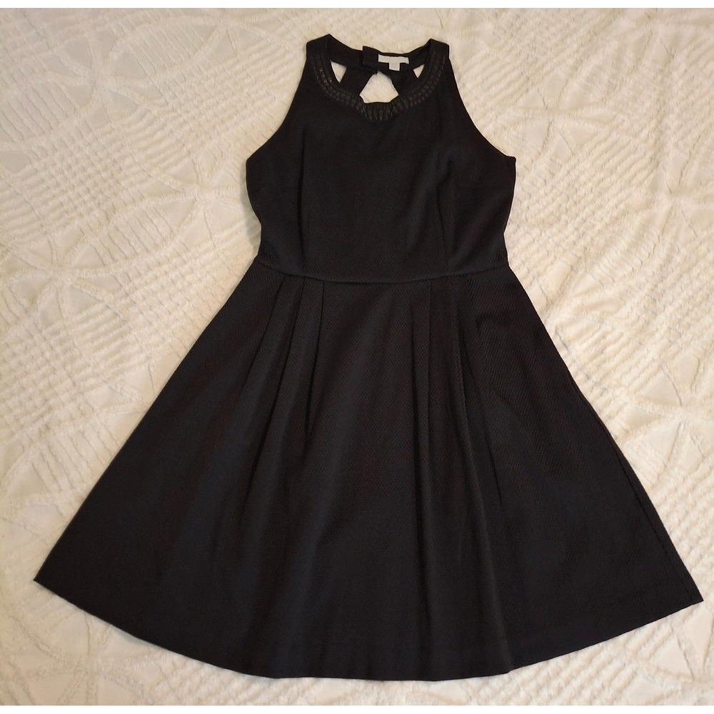 New York & Company Womens 12 Fit Flare Dress Black Jewel Halter Textured Pockets